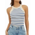 thumbnail image 1 of Halter Tank Tops for Women Summer Striped Stretchy Ribbed Knit - Shirts Slim Fitting Blue XL, 1 of 9