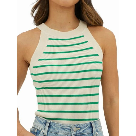 Halter Tank Tops for Women Summer Striped Stretchy Ribbed Knit - Shirts Slim Fitting Green S