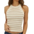 thumbnail image 1 of Halter Tank Tops for Women Summer Striped Stretchy Ribbed Knit - Shirts Slim Fitting Pale Pinkish Gray M, 1 of 6
