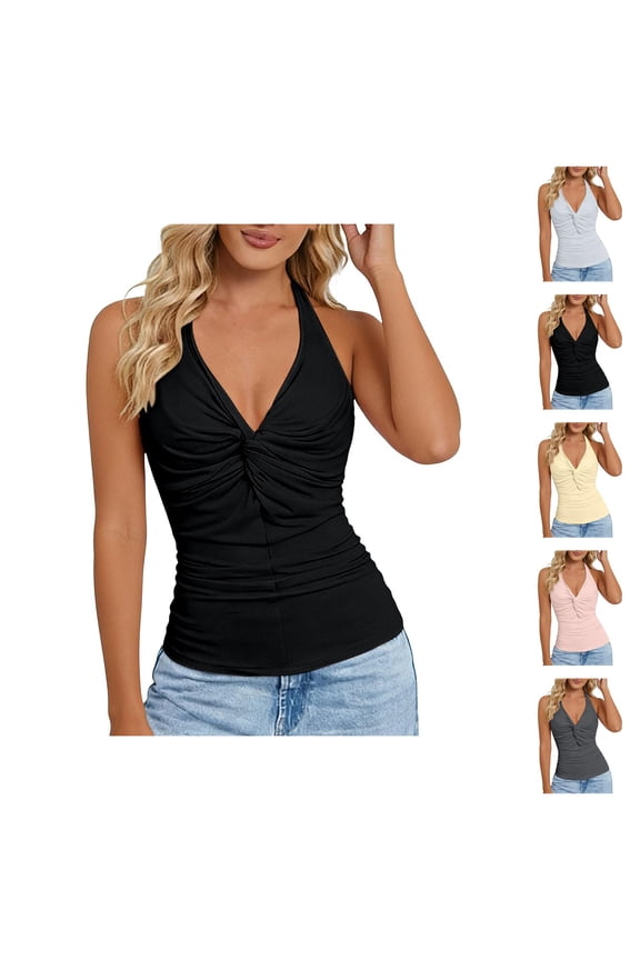 Halter Tank Tops for Women V Neck Front Twist Knot Slim Fit Backless Sleeveless Shirt Summer Outfits