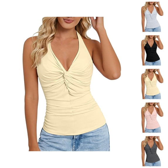 Halter Tank Tops for Women V Neck Front Twist Knot Slim Fit Backless Sleeveless Shirt Summer Outfits