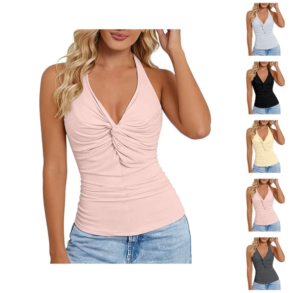 Halter Tank Tops for Women V Neck Front Twist Knot Slim Fit Backless Sleeveless Shirt Summer Outfits