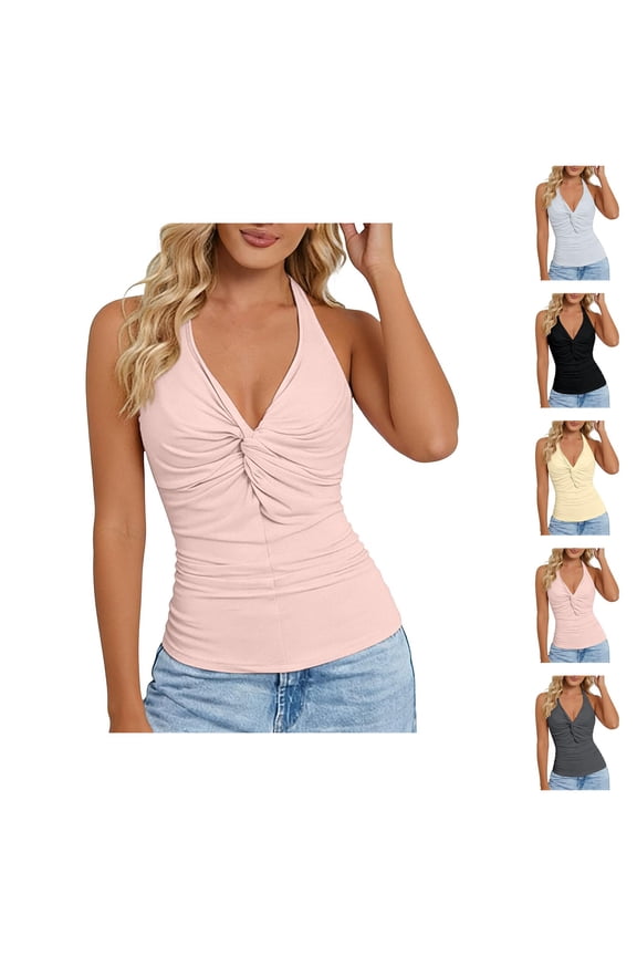 Halter Tank Tops for Women V Neck Front Twist Knot Slim Fit Backless Sleeveless Shirt Summer Outfits