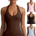 thumbnail image 1 of Halter Tank Tops with Built in Bra Womens V Neck Ribbed Yoga Workout Gym Sleeveless Cropped Base Tee Shirt (L, Brown), 1 of 9