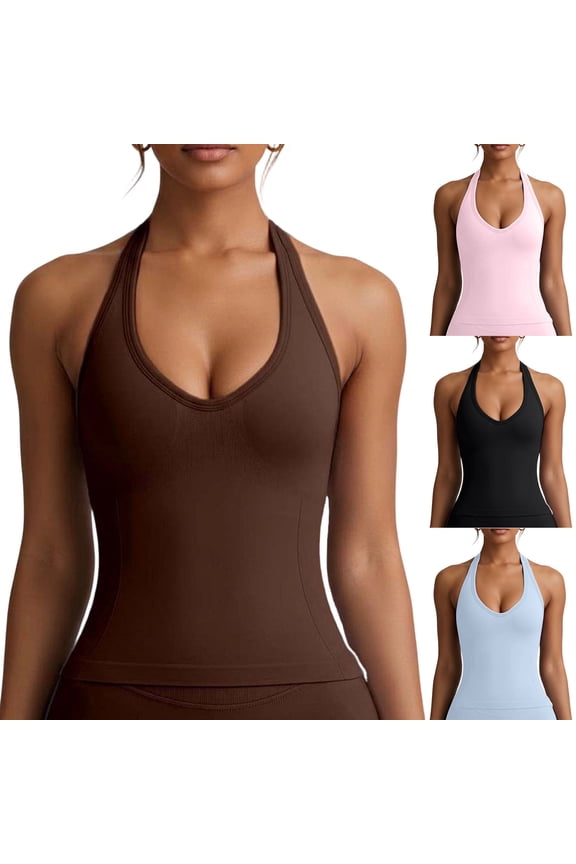 Halter Tank Tops with Built in Bra Womens V Neck Ribbed Yoga Workout Gym Sleeveless Cropped Base Tee Shirt (S, Brown)