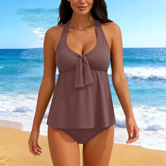 Halter Tankini Sets for Women Built-in Bra V Neck Knot Front Two Piece Swimsuits Flowy Flattering Bathing Suits Full Coverage Beachwear