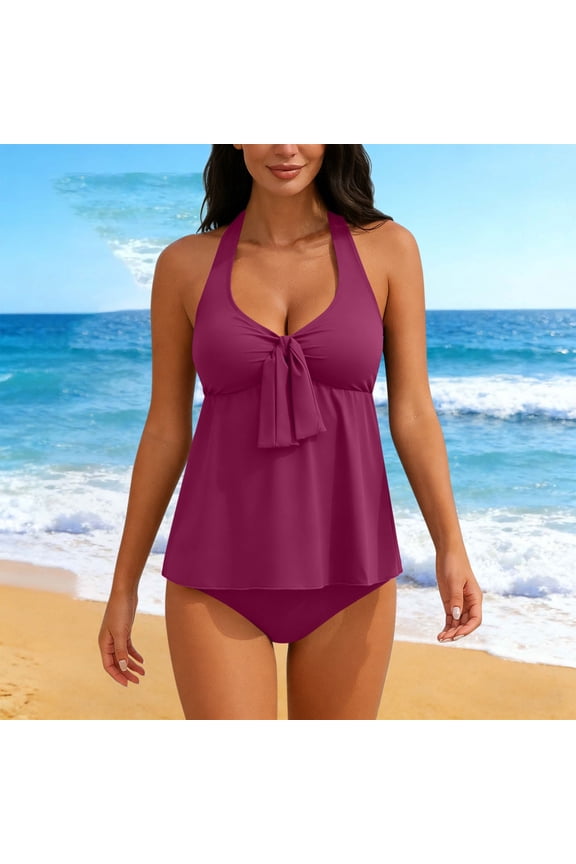 Halter Tankini Sets for Women Built-in Bra V Neck Knot Front Two Piece Swimsuits Flowy Flattering Bathing Suits Full Coverage Beachwear