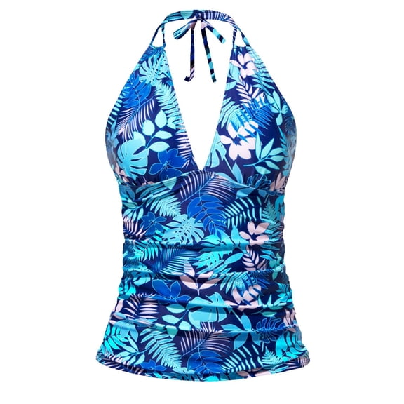 Halter Tankini Tops for Women Swimwear Top Only Plus Size Tummy Control Swimsuits Tops V Neck Bathing Suit Blue M