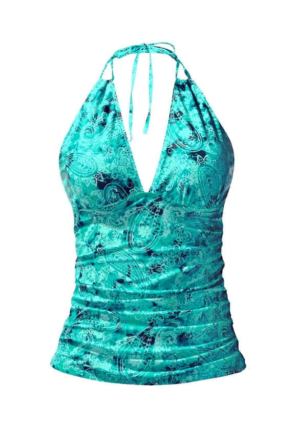Halter Tankini Tops for Women Swimwear Top Only Swimsuits Tops V Neck Bathing Suit Tops with Adjustable Ties L