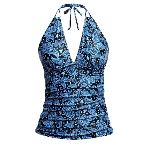 Halter Tankini Tops for Women V Neck Bathing Suit Plus Size Bikini Full Coverage Blue Swimsuits No Bottoms XXL