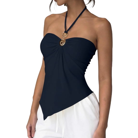 Halter Tops Asymmetrical Hem Y2k Tube Top for Women Slim Fitted Metal String Strap Tie Neck Bandeau Summer (2XL, Blue)
