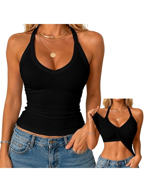 Halter Tops with Built In Bras Cropped Tank Tops Double Lined Layered Tank Top Tank Tops for Women Cami Tops Fitted Tanktops Teal Tank Top Halter Tops Shirt with Built In Bra Sleeveless Top Black XL