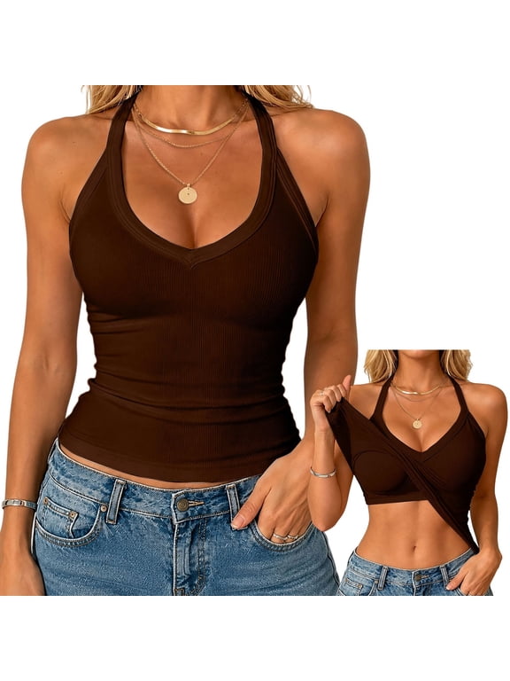 Halter Tops with Built In Bras Sleeveless Top Tank Tops with Built In Bras Cami Tops Basic Camisoles Tshirt with Built In Bra Going Out Tops Built In Bra Shirt Loose Fit Athletic Low Back Coffee S