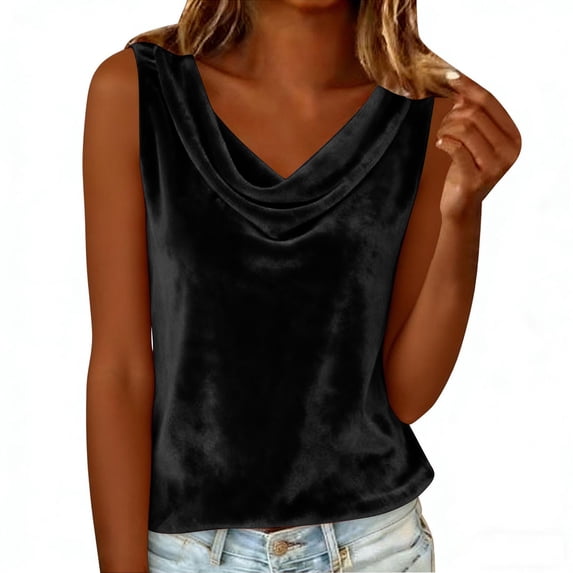 Halter Tops For Women Solid Color Temperament Gold Velvet Sleeveless Collar Hanging Pleated Collar Top Black 2X
