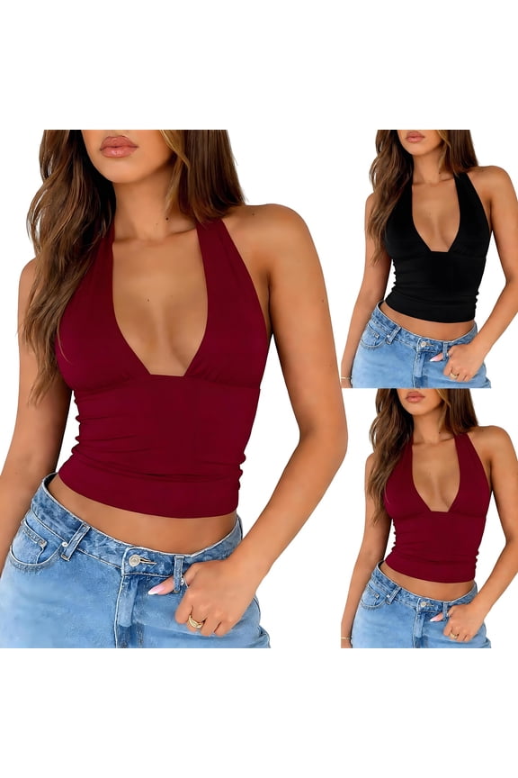 Halter Tops Women Sleeveless Deep V Neck Tank Tops Summer 2026 Backless Going Out Crop Tops Slim Fit Solid Color Lightweight Y2k Camis