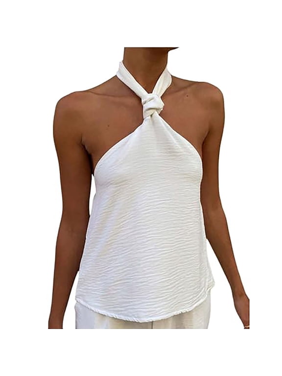 Halter Tops for Women Tie Back Swiss Dots Knot Camisole Backless Sleeveless Tank Top Loose Fit Fashion Trendy Outfits Going Out Tops Criss Cross Classy Shirts 2026 Summer Outfits