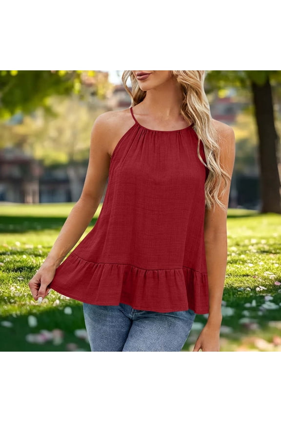 Halter Tops for Juniors Cute Babydoll Ruffle Hem Non-Iron Swing Camisole for Summer Holiday