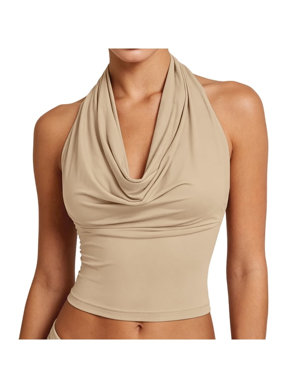 Halter Tops for Women Going Out Summer 2026 Fashion Cowl Neck Backless Top Sexy Cute Y2K Basic Vacation Clothes (M,Beige)