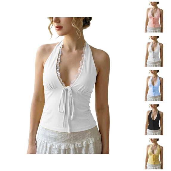 Halter Tops for Women Lace V Neck Tie Back Bow Front Slim Fitted Sleeveless Cropped Y2k Going out Tank Top