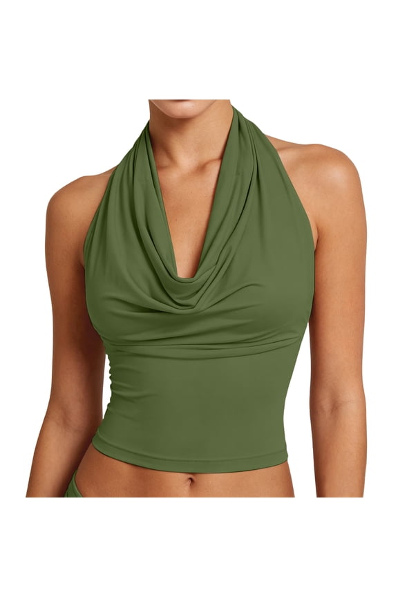 Halter Tops for Women Sexy Backless Cowl Neck Crop Tank Draped Front Elegant Loose Fit Summer Going Out Cami Top, XS