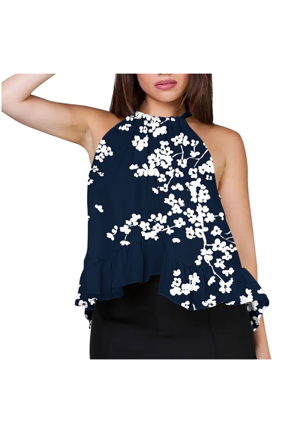Halter Tops for Women Sleeveless Loose Ruffle Hem Top Elegant Floral Print Tank Top Summer Beach Vacation Blouses