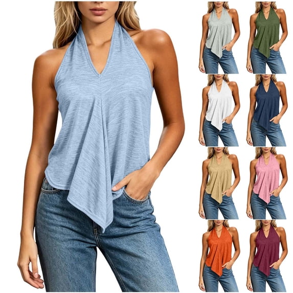 Halter Tops for Women, Sleeveless V Neck Shirts, Loose Fit, Casual Summer Tops, Vacation Travel Street Wear | VerBelle,Khaki M