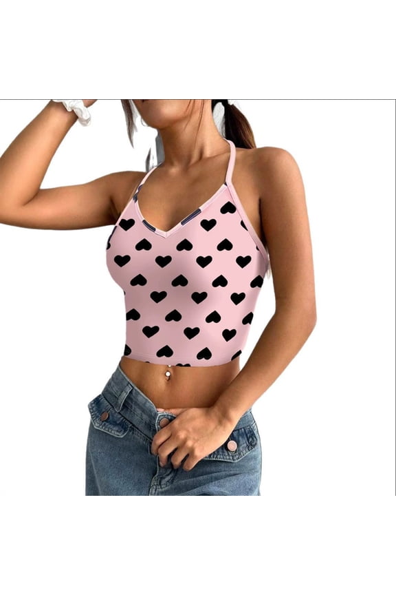 Halter Tops for Women Slim Fit Sleeveless Love Hearts Print V Neck Open Back Cropped Tee Cute Going Out Blouses (M, Pink)