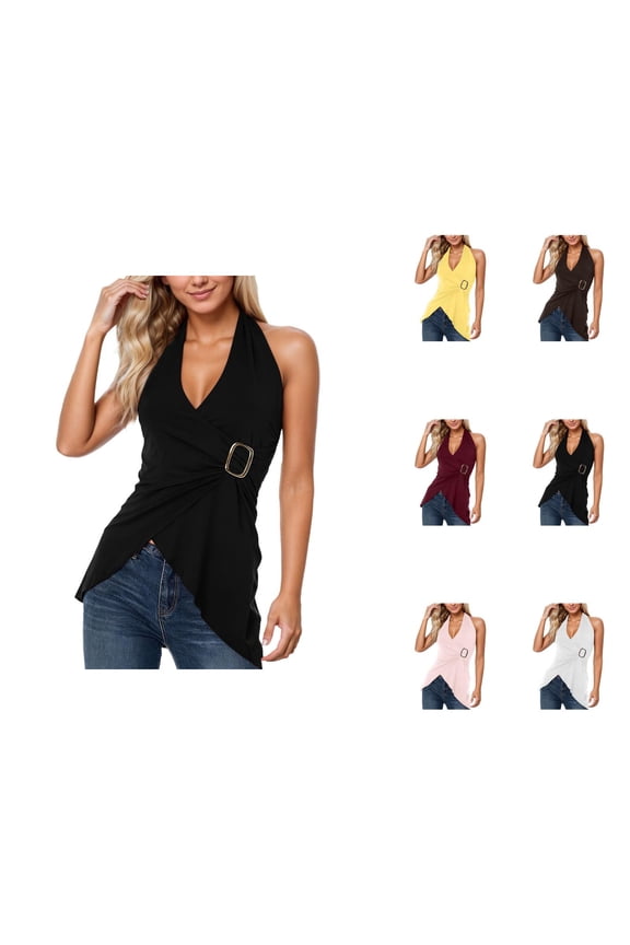 Halter Tops for Women Summer Casual Sleeveless Asymmetrical Hem V Neck Backless Wrap Top Y2k Going out Tops