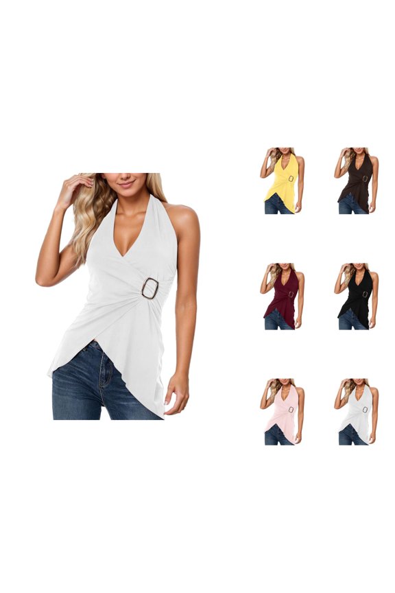 Halter Tops for Women Summer Casual Sleeveless Asymmetrical Hem V Neck Backless Wrap Top Y2k Going out Tops