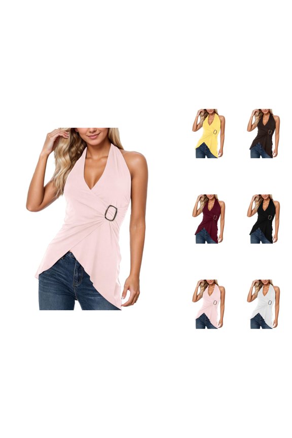 Halter Tops for Women Summer Casual Sleeveless Asymmetrical Hem V Neck Backless Wrap Top Y2k Going out Tops