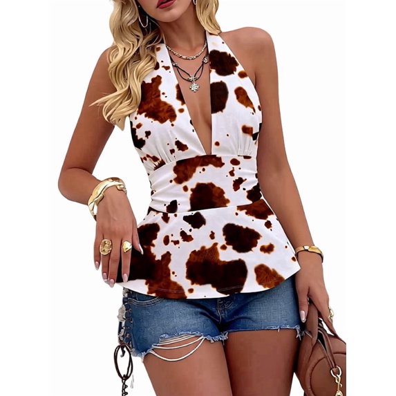 Halter Tops for Women Summer Crop Deep V Neck Backless Tank Top Going Out Y2k Feminine Clothes White&Brown Flower M