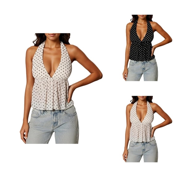 Halter Tops for Women Summer Sleeveless Deep V Neck Polka Dots Backless Ruffle Hem Crop Peplum Tank Tops Y2k Going out Top