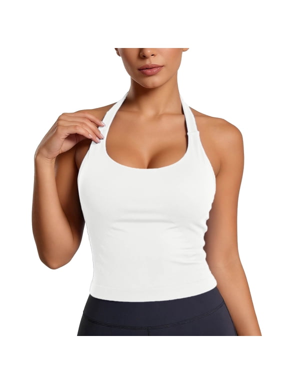 Halter Tops for Women Trendy 2026 Summer Going Out Tops Backless Sleeveless Workout Tank Top Cute Y2k Clothes White Size L