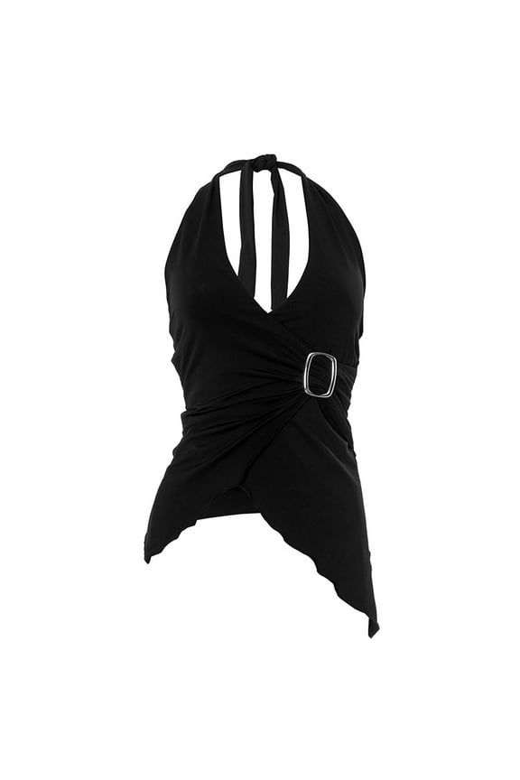 Halter Tops for Women V Neck Tie Halter Backless Top Sleeveless Wrap Top Ruffle Asymmetrical Halter Tops Black S