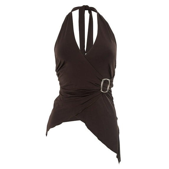 Mawalde Halter Tops for Women V Neck Tie Halter Backless Top Sleeveless Wrap Top Ruffle Asymmetrical Halter Tops Brown M