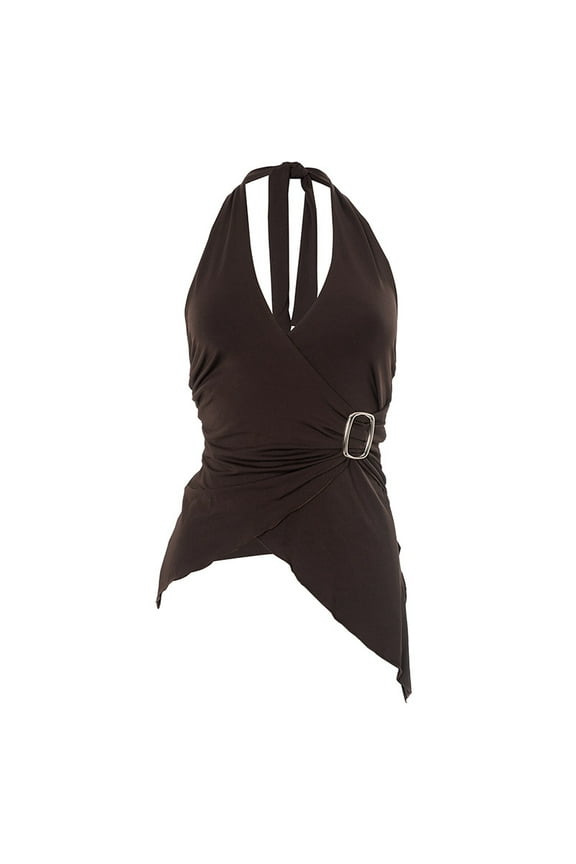 Mawalde Halter Tops for Women V Neck Tie Halter Backless Top Sleeveless Wrap Top Ruffle Asymmetrical Halter Tops Brown M