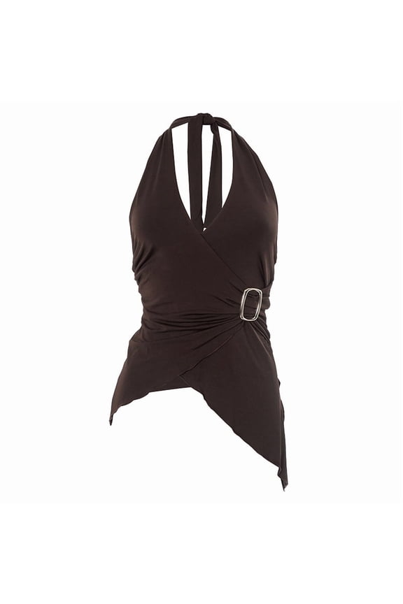 Mawalde Halter Tops for Women V Neck Tie Halter Backless Top Sleeveless Wrap Top Ruffle Asymmetrical Halter Tops Brown M