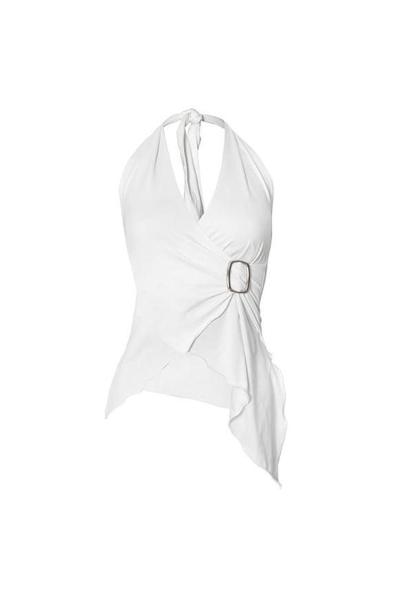 Halter Tops for Women V Neck Tie Halter Backless Top Sleeveless Wrap Top Ruffle Asymmetrical Halter Tops White L