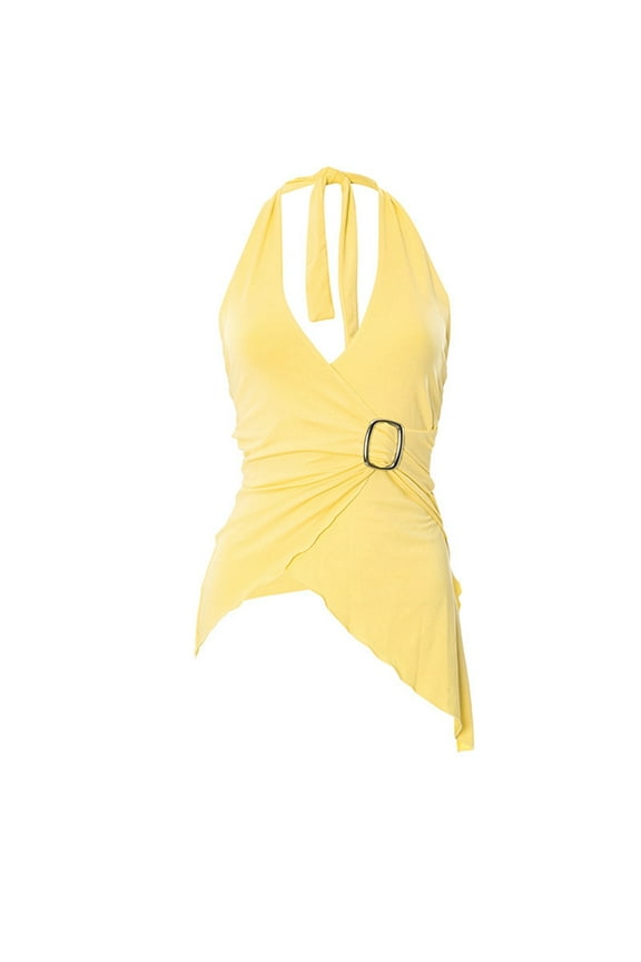 Halter Tops for Women V Neck Tie Backless Top Sleeveless Wrap Ruffle Asymmetrical Yellow S