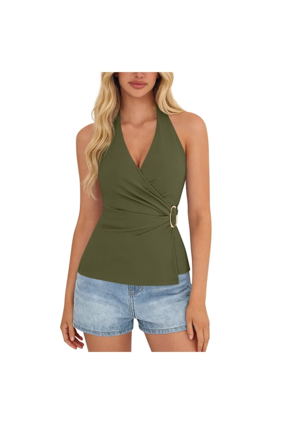 Halter Tops for Women with Metal Ring Pleated Wrap Tank Dressy Casual Sleeveless V Neck Blouses Open Back (M, Army Green)