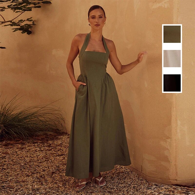 Halter Tube Top Dress Women French Solid Sleeveless Backless Empire Female Dresses 2024 Spring Summer Elegant Chic Lady Robe Walmart