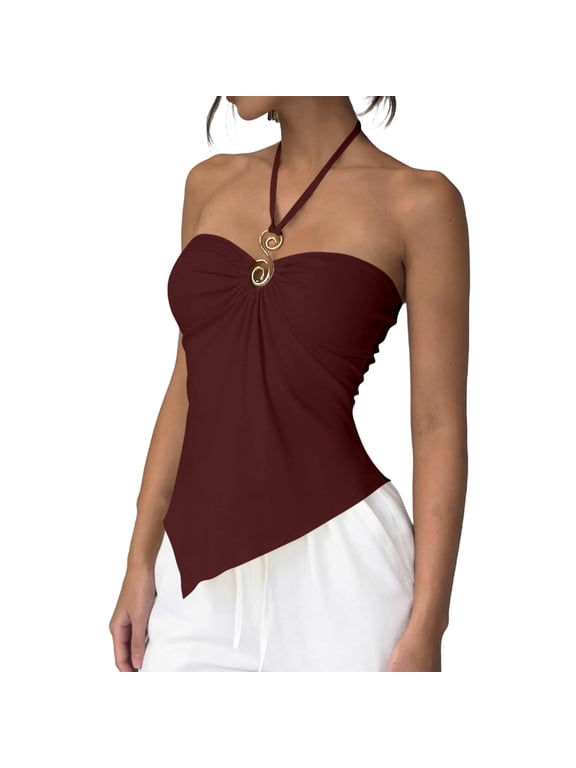 Halter Tube Tops for Women Summer Sleeveless Going Out Outfits Asymmetrical Ruched Y2K Trendy Cute Crop Tank Top Clothes