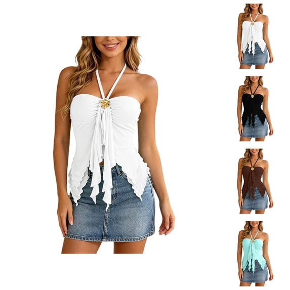 Halter Tube Tops for Women Summer Sweetheart Neck Ruffle Sleeveless Ruched Bustier Cami Tank Flowy Peplum Tops