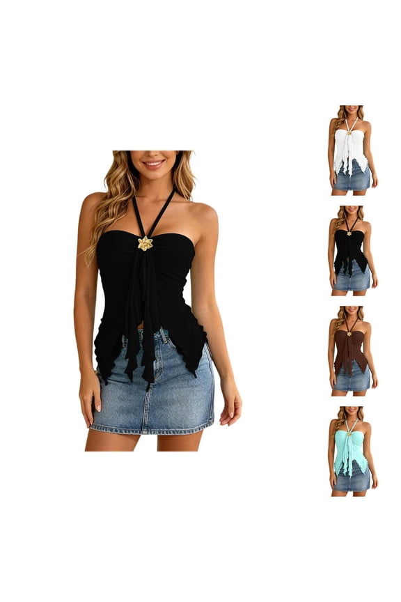 Halter Tube Tops for Women Summer Sweetheart Neck Ruffle Sleeveless Ruched Bustier Cami Tank Flowy Peplum Tops