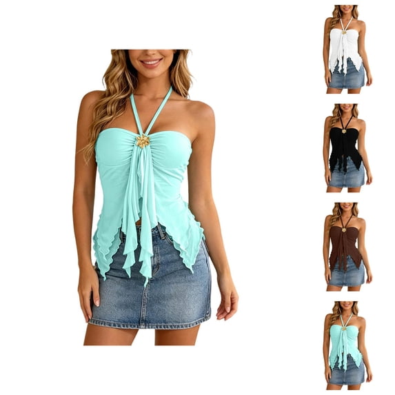 Halter Tube Tops for Women Summer Sweetheart Neck Ruffle Sleeveless Ruched Bustier Cami Tank Flowy Peplum Tops