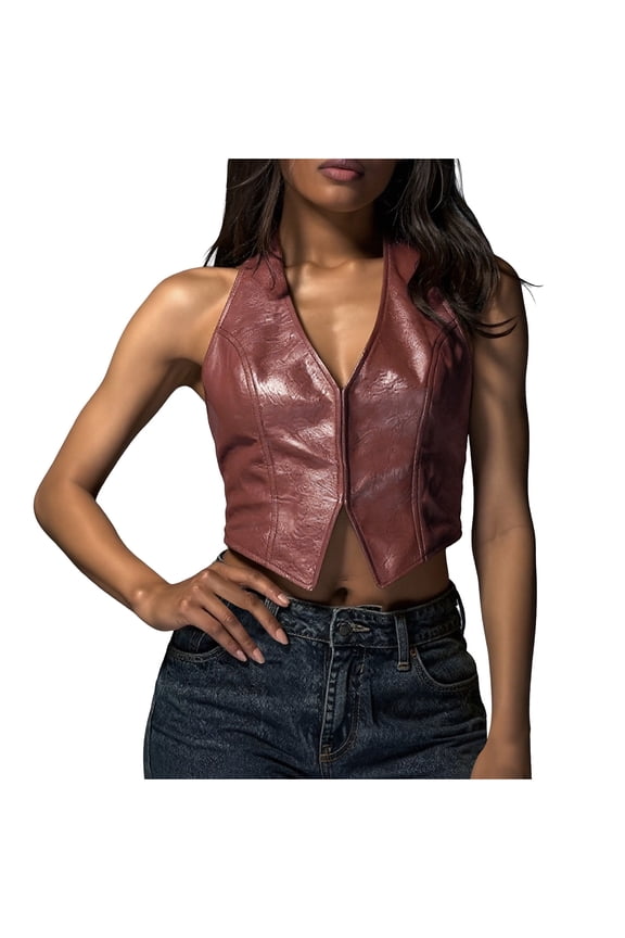 Halter V Neck PU Leather Top for Women Y2k Tie Back Corset Tops Sleeveless Backless Going Out Crop Tank Top