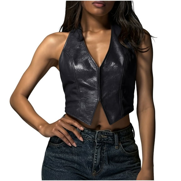 Halter V Neck PU Leather Top for Women Y2k Tie Back Corset Tops Sleeveless Backless Going Out Crop Tank Top