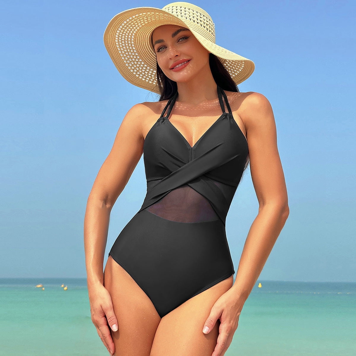 Solid color cross strap swimsuit