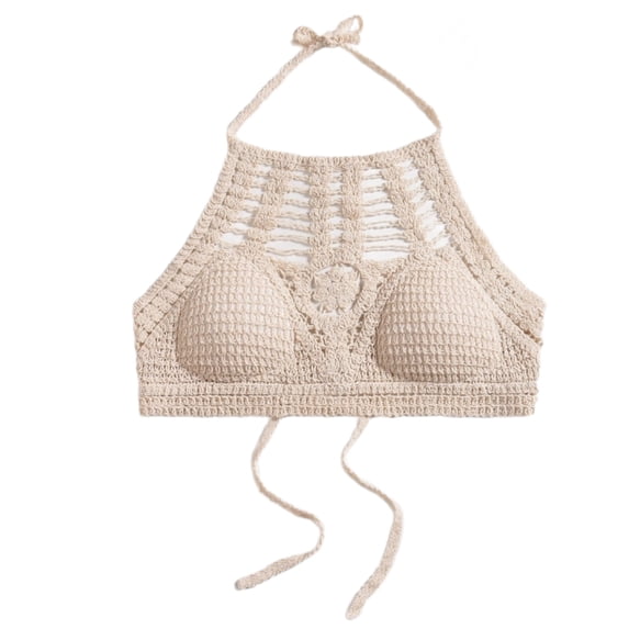 Halterneck Backless Cami Top For Women Sleeveless Cropped Tanks Crochet Knit Beach Bra With Removable Padded Beachwear