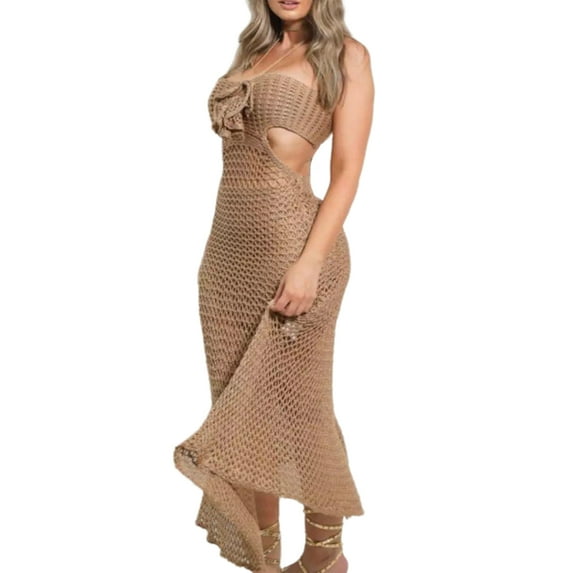 Halterneck Knitted Beach Coverup Dress with Adjustable Back Tie Sleeveless Full Length Crochet Beach Swimwears Coverup